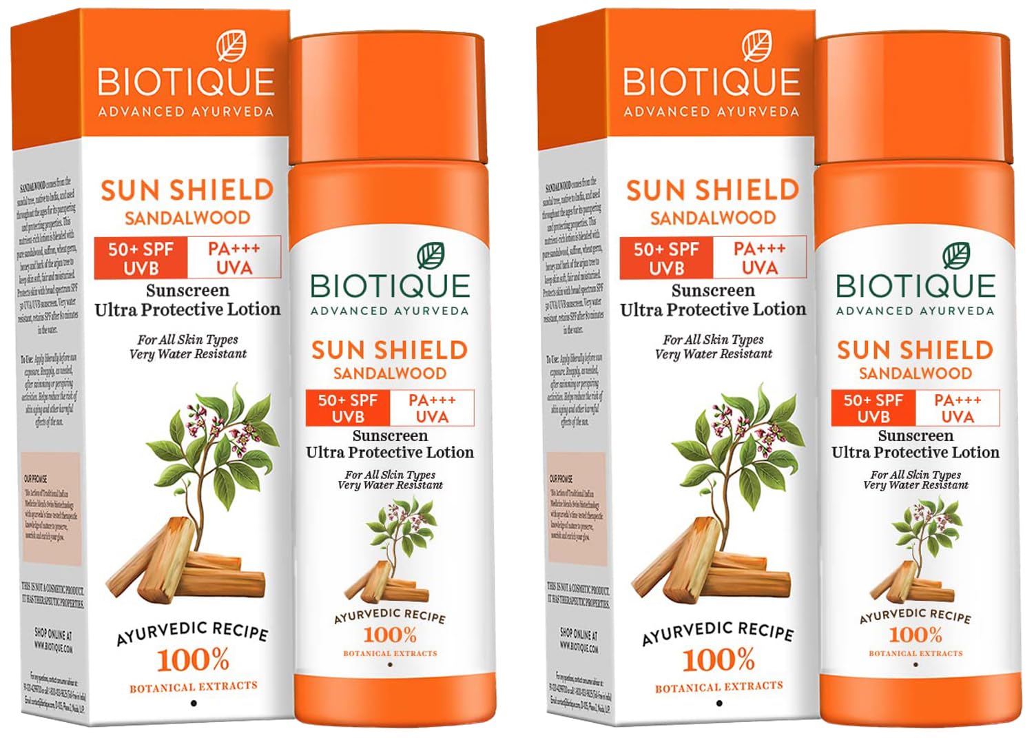 Biotique Sun Shield Sandalwood 50+SPF UVB Sunscreen Ultra Protective Lotion For All Skin Types, 120ml (Pack of 2)