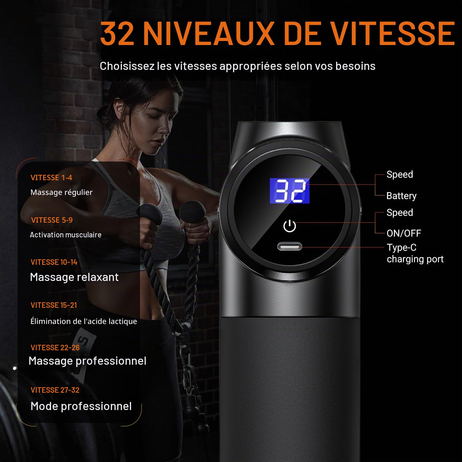 Pistolet de Massage Musculaire, Masseur de Muscle Profonds Massage gun avec 32 Niveaux Réglables, 8 Têtes de Massage Pistolet Massage pour Douleurs Musculaires et Raideurs