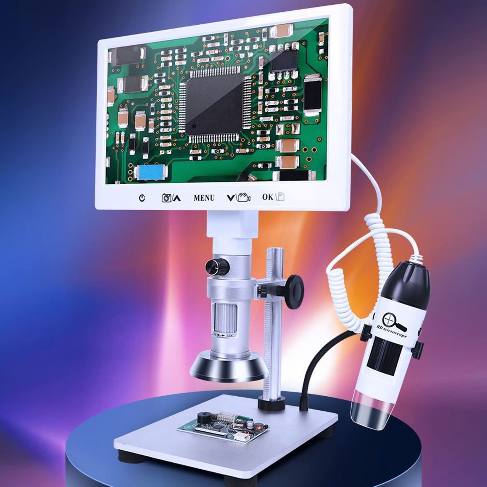Hyuduo Microscopio Digital, Microscopio Industrial de Acero Inoxidable ABS, Pantalla IPS de 2 MP y 7 Pulgadas, Zoom de 5X a 53X, Medición de Foto y Video para Soldar Reparación de Joyas con Monedas