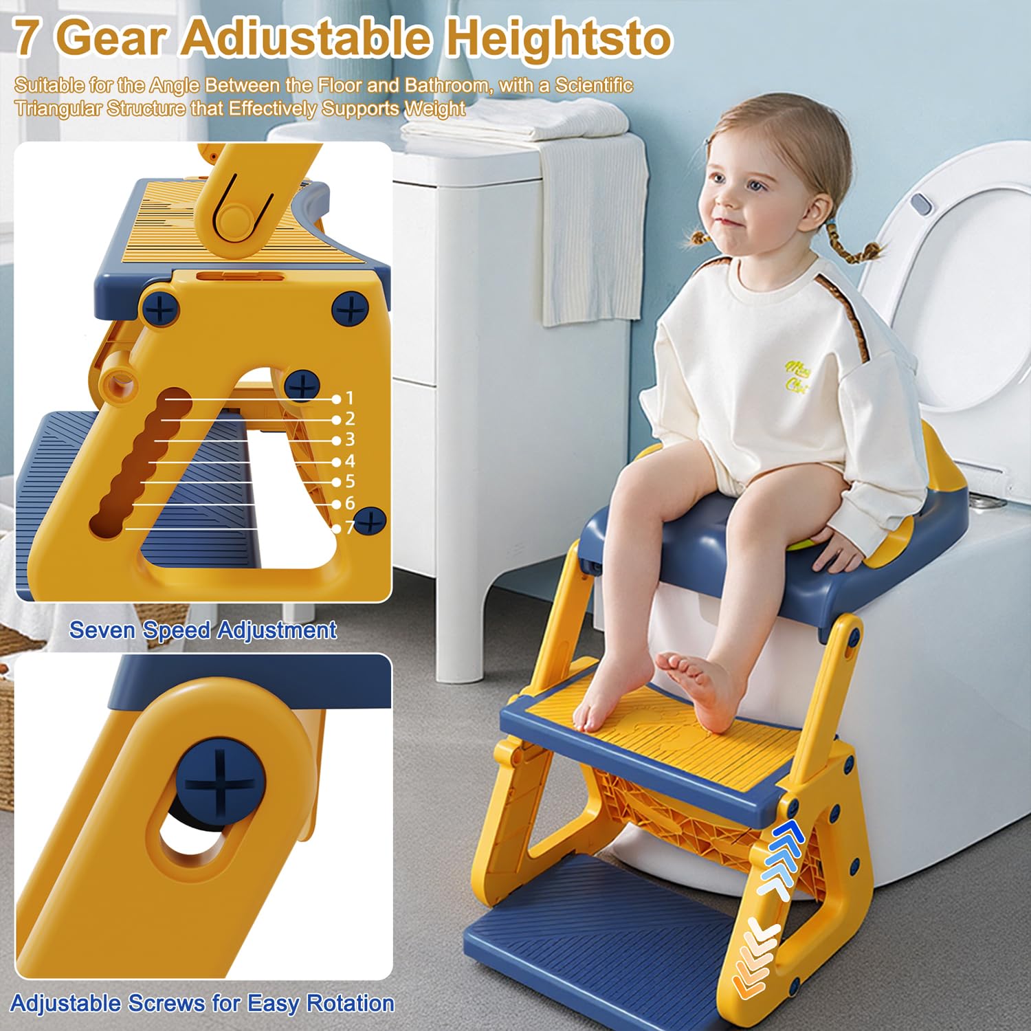 Reducteur Toilette Enfant avec Marche,Stabiliser Rehausseur Toilette Enfant avec Structures Triangulaires,Adaptateur Toilette pour Enfants Garçons et Filles,Antidérapant et Pliable,Bleu