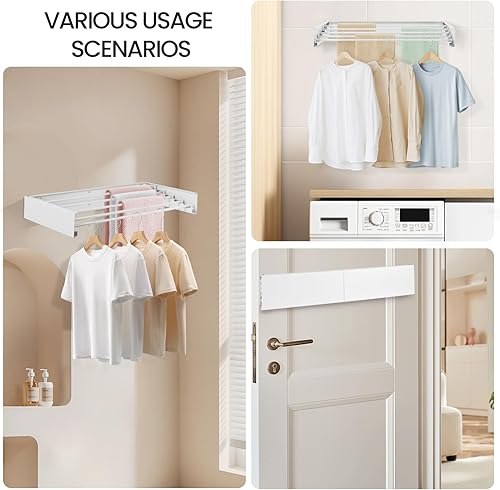 Miniatura 7 de Estante de secado de lavandería montado en la pared, estante de secado plegable, diseño de ahorro de espacio, soporte de toalla ajustable y