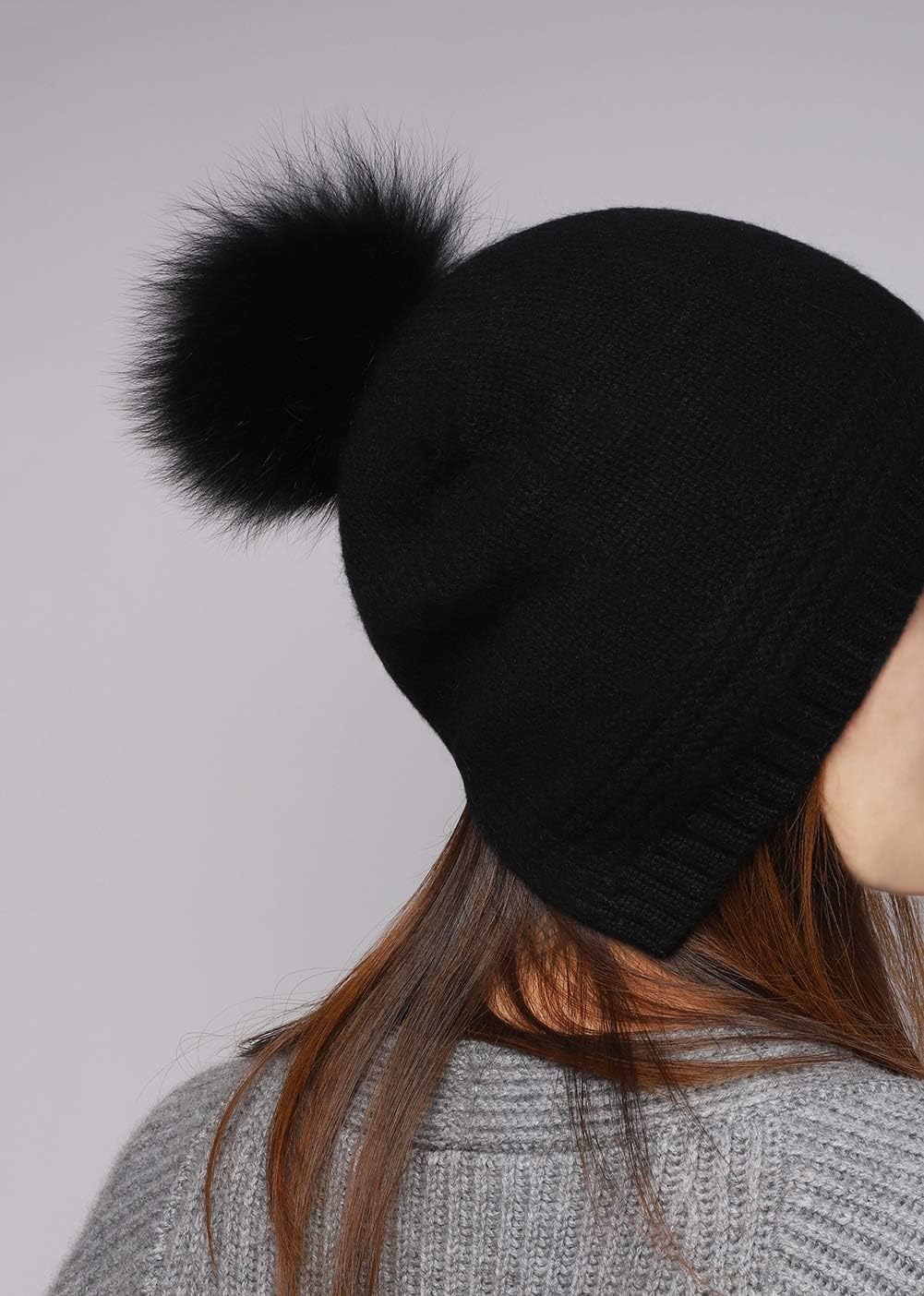 5” Diameter Fur Pom Pom with Press Snap Button for Knitted Hat Beanie Hats (Black)