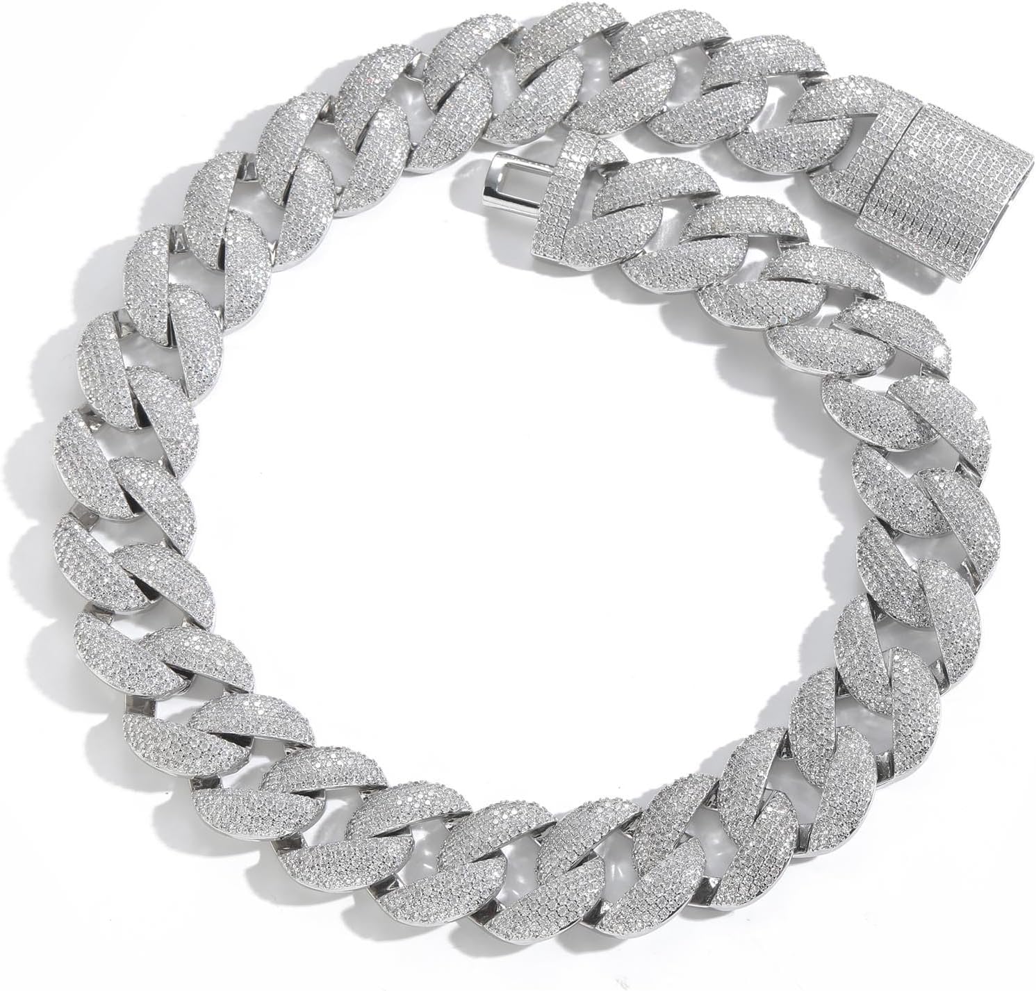 - Solid Gold over S925 Sterling Silver Hip Hop Cuban Link Chain Necklace with 5-Row Moissanite Stones, 22mm Wide Bold and Chunky Style, Gift for Men and Him