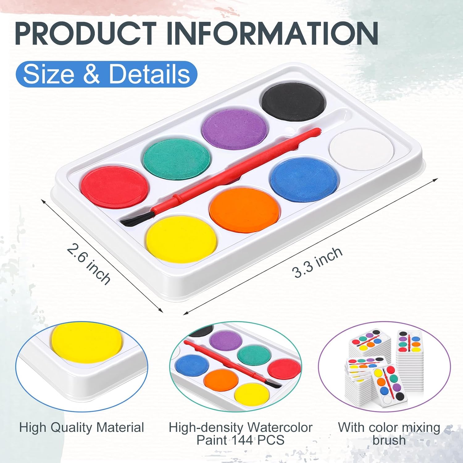 Outus 144 Pcs Watercolor Paint Set Bulk Mini Paint Set Washable Watercolor Palette with Painting Brushes for Art Party Supplies Prizes Stocking Stuffers, 3.3 x 2.6 Inch(8 Colors)