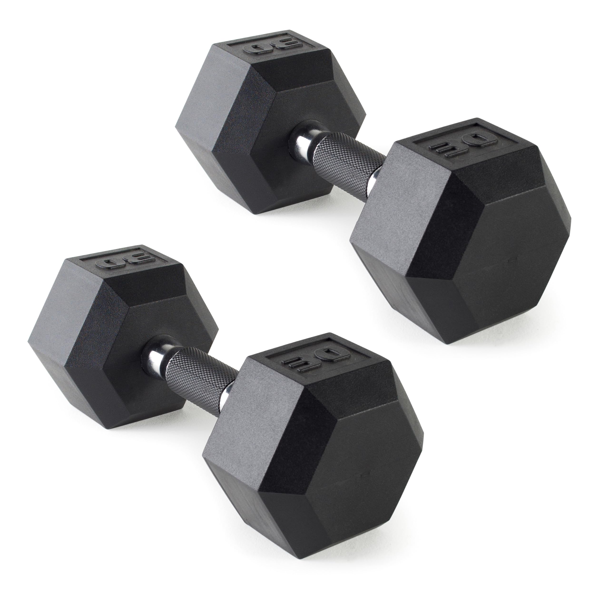 CAP Rubber Coated Dumbbell Weights, Free Weights for Home Gym Strength Training, Anti-Roll Hex Dumbbells with Black, Chrome &amp; Comfort Grip Handles, Pairs &amp; Sets