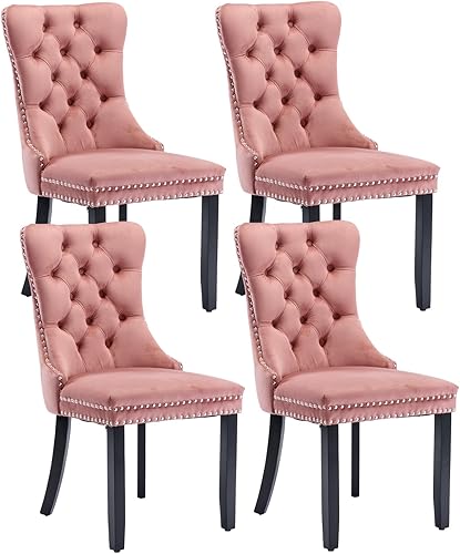 Miniatura 17 de Juego de 4 sillas de comedor de terciopelo beige, sillas tapizadas modernas para comedor con respaldo capitoné y acentos de madera, patas curvas de