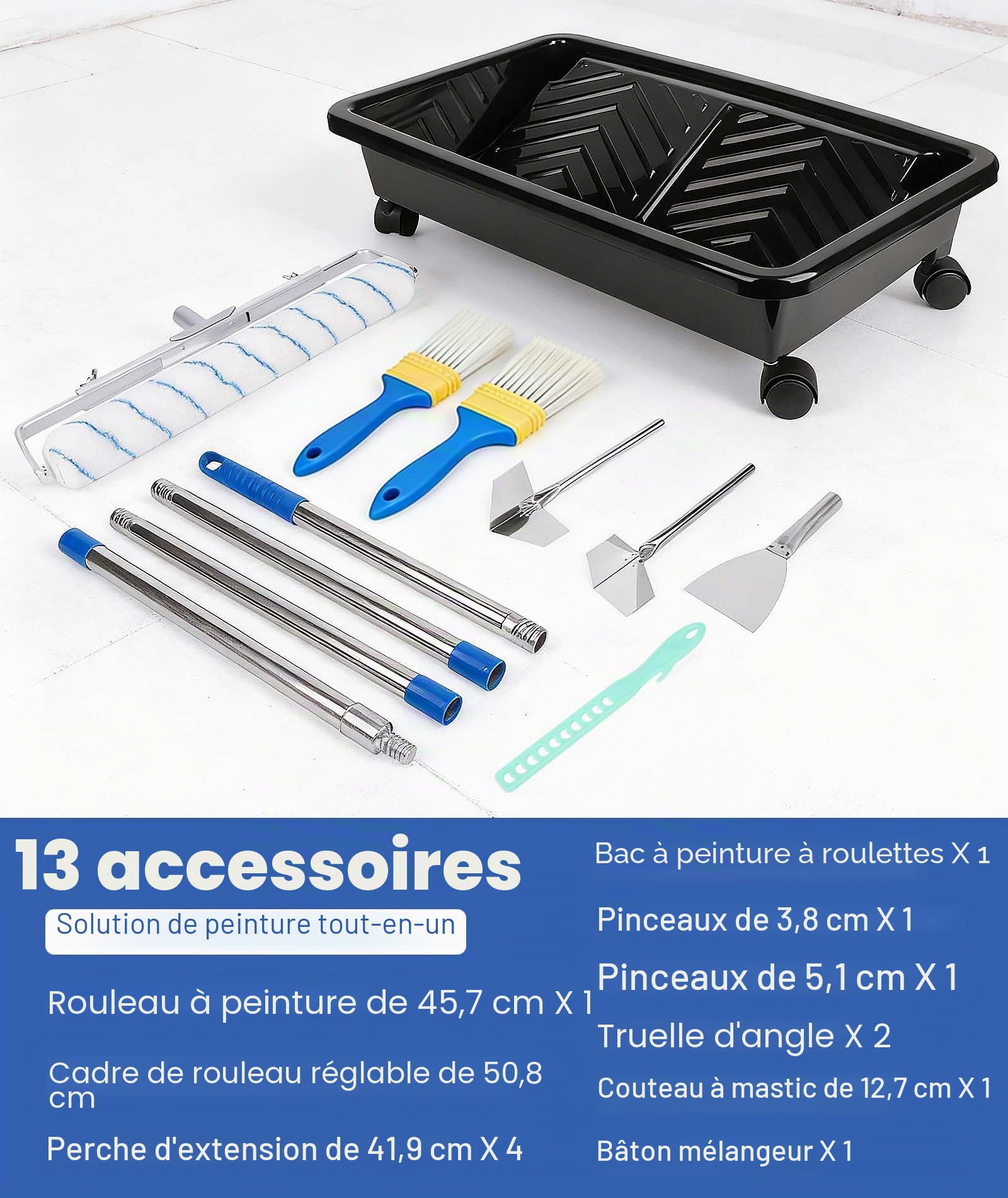Qivine Kit de Rouleau de Peinture de 45 cm, 13 Pièces Kit de Peinture Complet avec 4 Perch Télescopique, Cadre Réglable, Bac à Roulettes, Pinceau, Spatule, Mélangeur, pour Murs et Plafonds