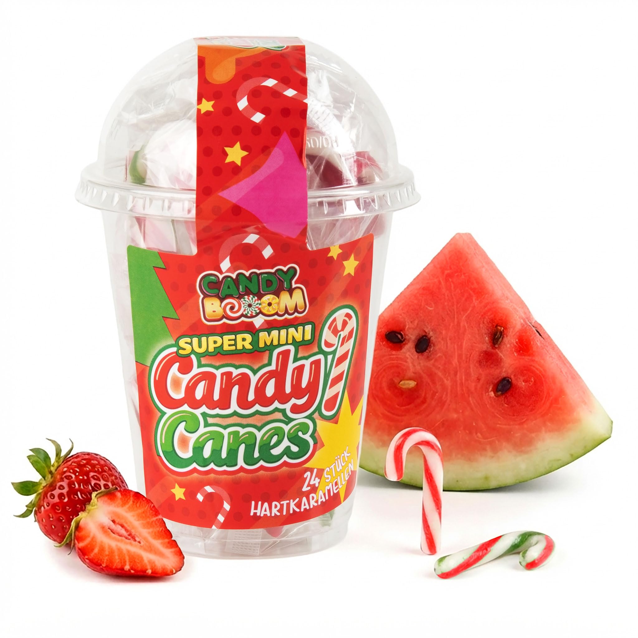 Mini Zuckerstangen Baumanhänger essbar Erdbeer Geschmack - 24 Stück | Candy Cane Weihnachtsbaum Anhänger zum Essen - Christbaum Schmuck Weihnachts Deko Süßigkeiten Bonbon