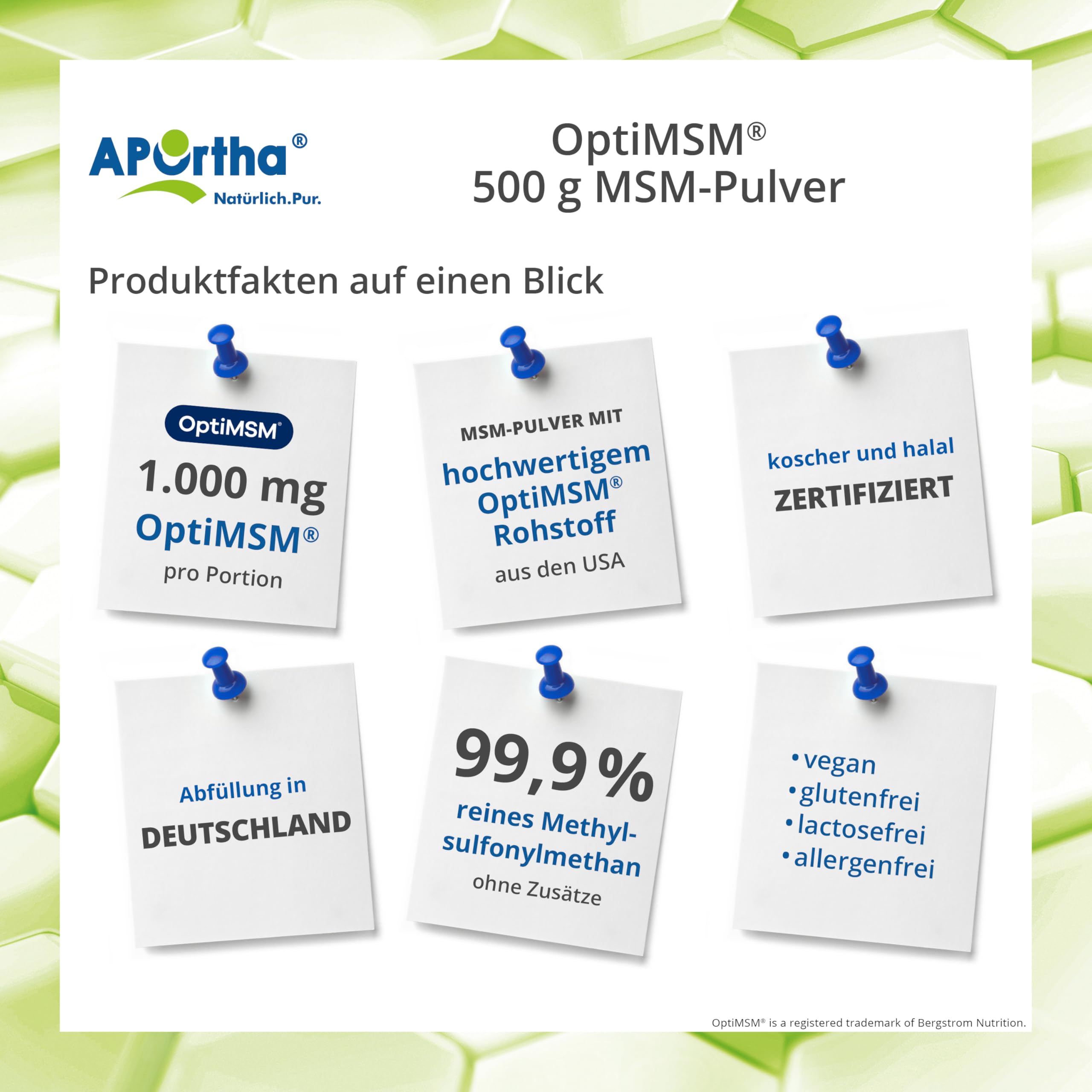 APOrtha® OptiMSM® MSM Pulver, 500g veganes Pulver, 99,9% reines Methylsulfonylmethan ohne jegliche Zusätze, 1.000 mg OptiMSM® MSM pro Portion, vegan, glutenfrei, lactosefrei, allergenfrei