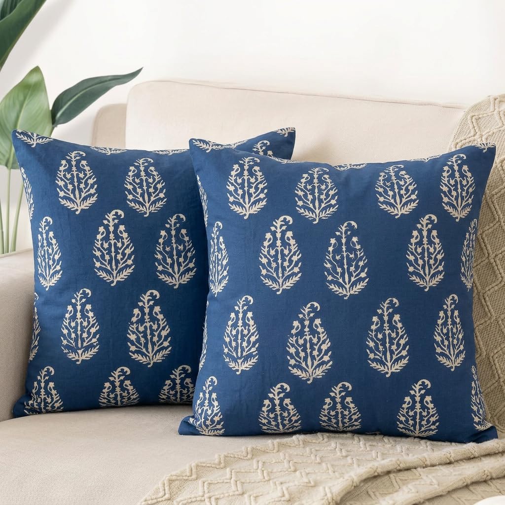 Indigo Hand Block Printed Cotton Cushion Covers with Zipper Closure, Decorative Throw Pillow Covers for Sofa Couch Bed, 20x20 Inches, Pack of 2 - Indigo Paisley Garden-image-48