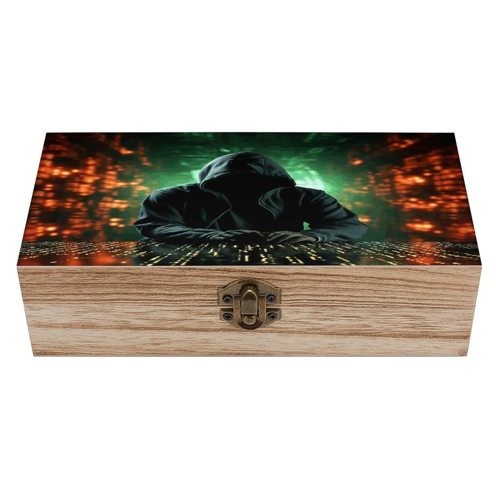 Btcowzrv Style Hacker Attack Wooden Storage Box, Keepsake Box With Hinged And Retro Lock, Wood Jewelry Organizer For Photos & Mementos And Home Decor