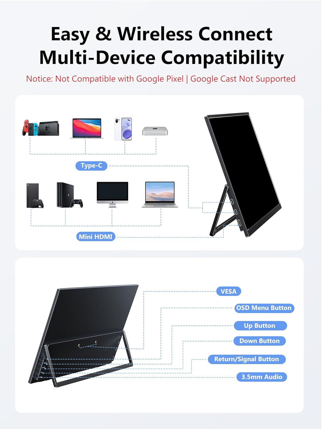 Wireless Portable Monitor with Battery, Wireless Monitor for Laptop-15.6" 1080P FHD Travel Monitor for Laptop, Support AirPlay Miracast for Windows/Mac/Android/iOS
