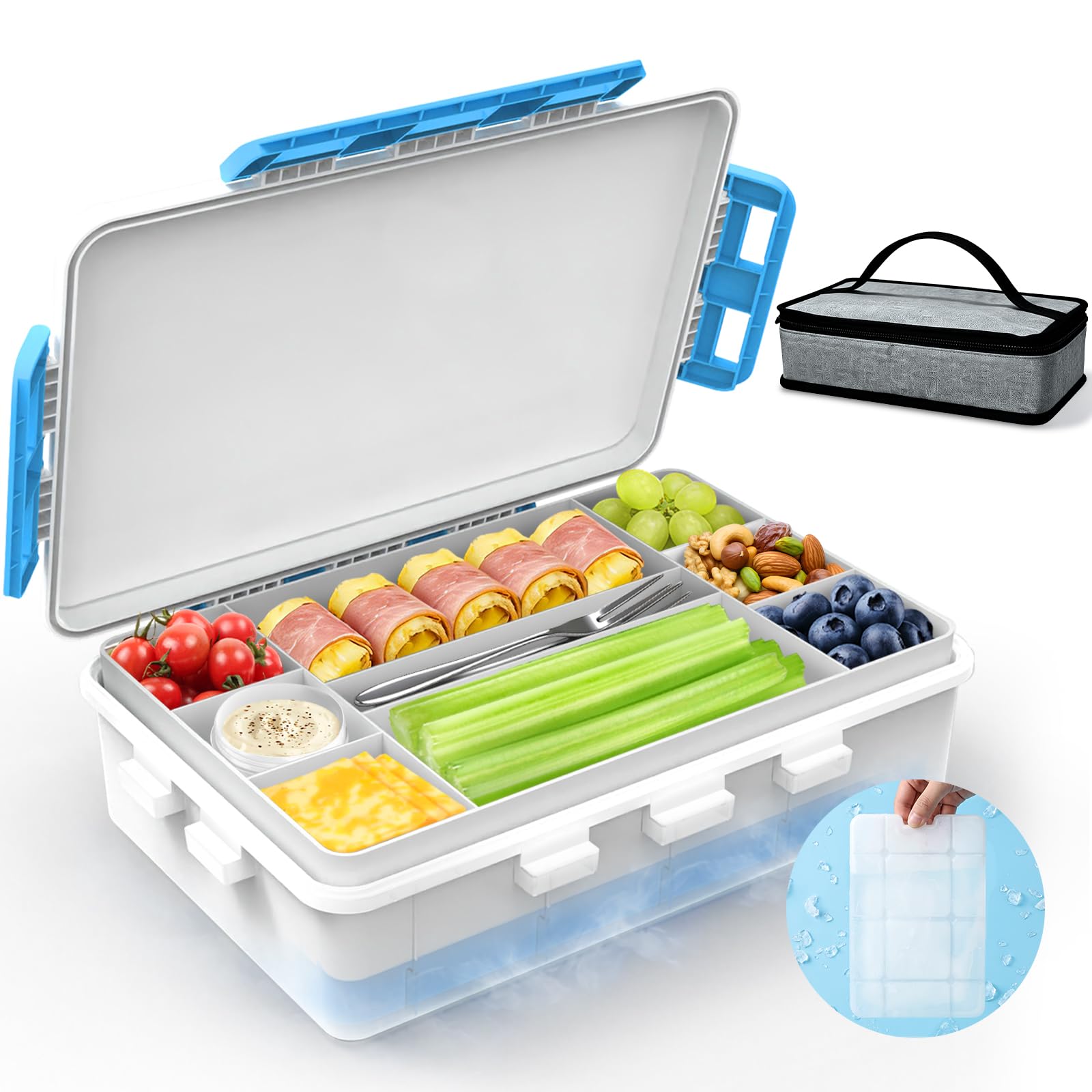 Photo 1 of Chilled Snack Box Container with Ice Pack, Portable Travel Food Containers with Lids, Keep Cheese and Fruits Remained Fresh for Hours, Divided Serving Tray for Family Road Trip Beach Picnic(White)