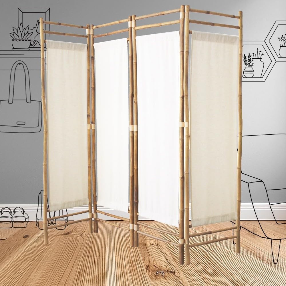Box & Beyond biombo de Interior - 160 x 160 cm - Separador de ambientes en Lona y bambú Natural - 4 Paneles - biombo para Dormitorio, salón - Mampara móvil