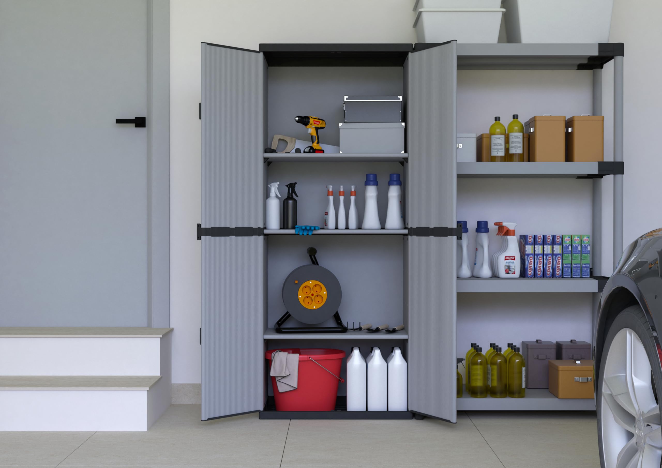 Mongardi W2015 Kast van hars van pvc en PP, 2 deuren, 1 plank, eenvoudige montage, modulair systeem, robuust, geschikt voor binnen en buiten, 68 x 40 x 85 cm, grijs en zwart