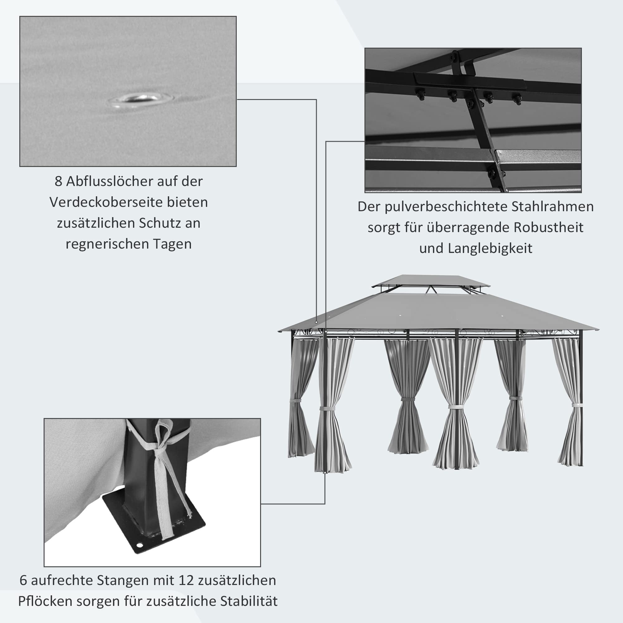 Outsunny Pavillon 3x4m pavillon de Jardin avec 6 Parties latérales Tente de fête Tente de Jardin avec Double Toit Gris foncé