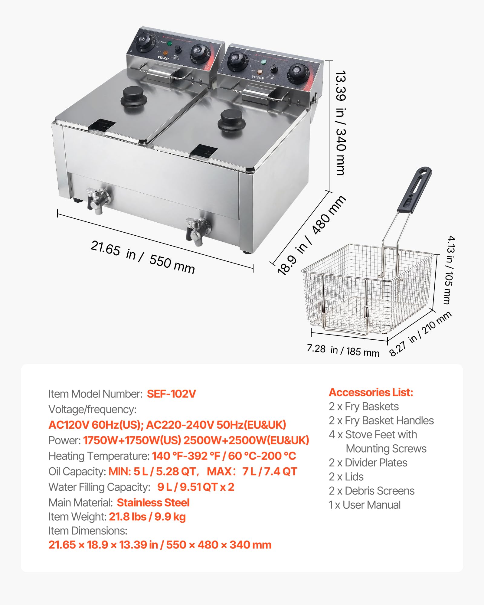 VEVOR Friggitrice Elettrica Doppio Vassoio, Friggitrice 5000 W Totale Acciaio Inox con Cestelli Coperchi 60-200 °C Temperatura Controllata Timer Protezione contro Surriscaldamento, Ristorante Cucina