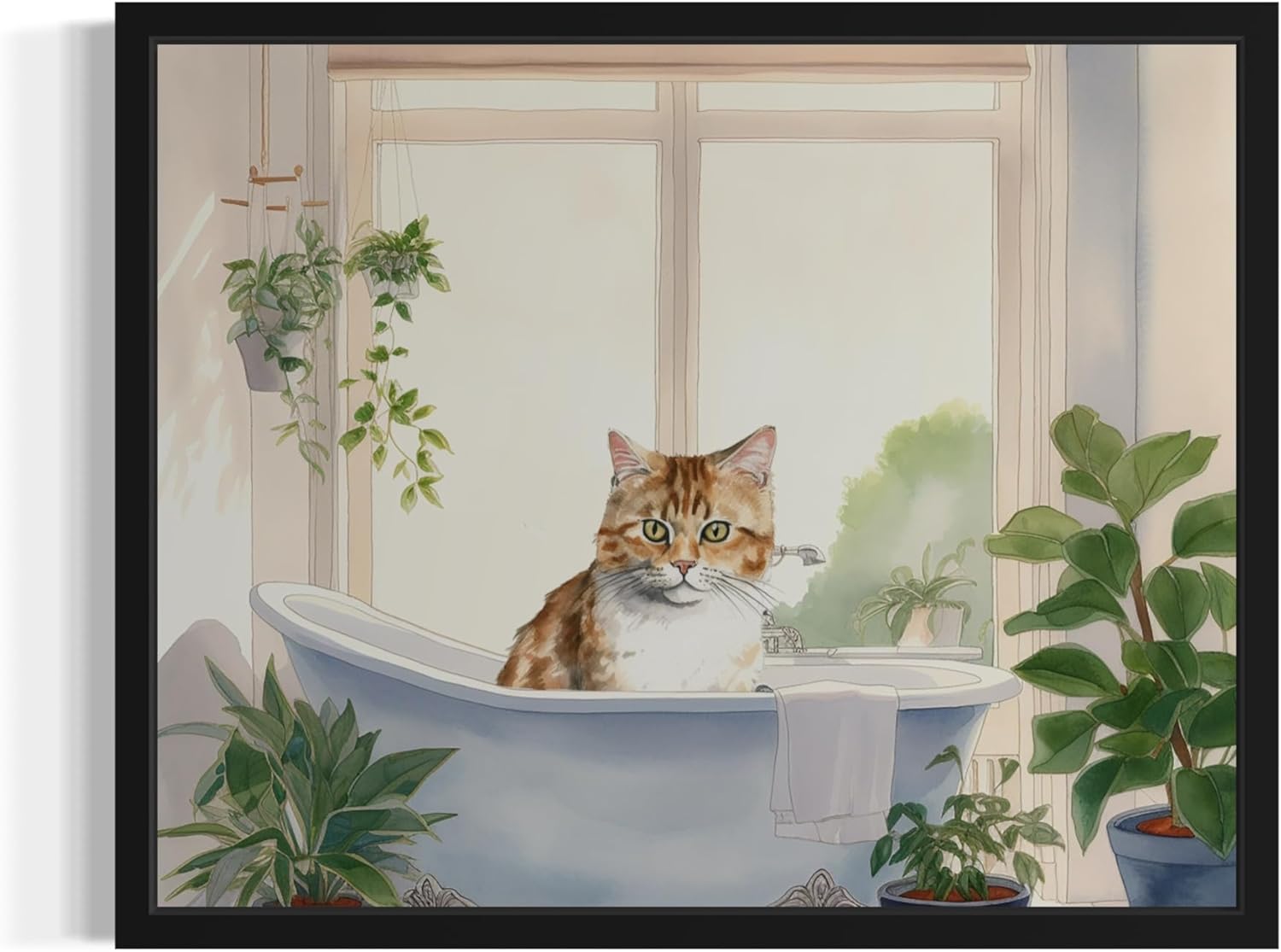 Cat Wall Art Poster Print, Animal Bathtub Restroom Wall Art Painting for Bathroom Decor Gallery Gallery 30 (Cat, 16 x 20 inches, Black Frame)