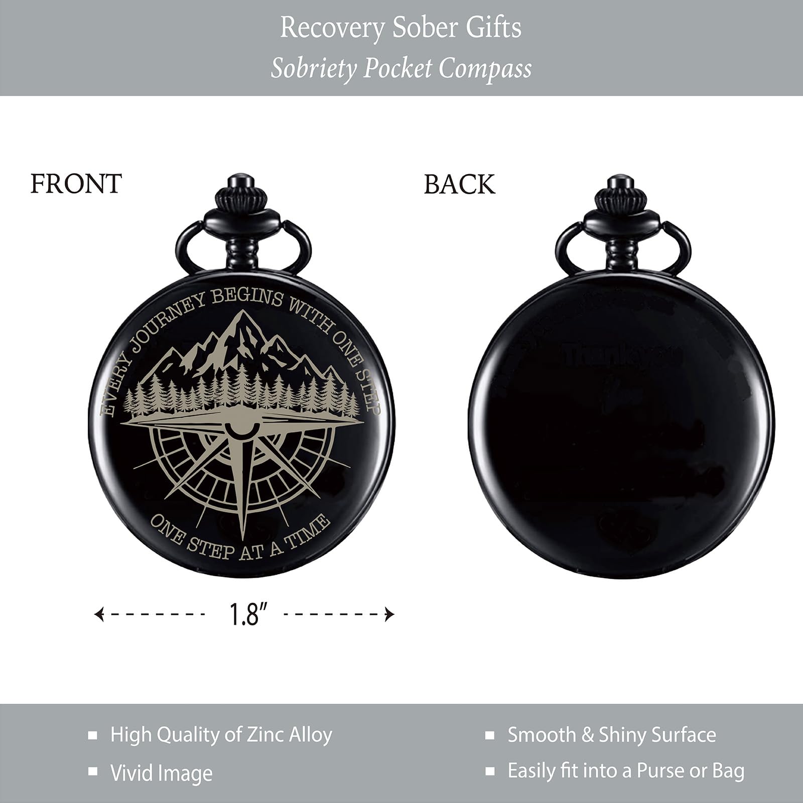 Sobriety Gifts Men, One Step at A Time Gifts Pocket Compass Black, Sobriety Pocket Token, Alcoholics Anonymous Gift, Inspirational Recovery Gift for Men from Addiction, Sober Gifts for Him Husband