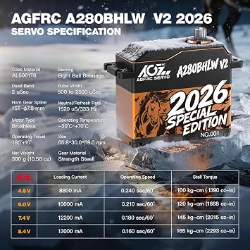 AGFRC 165KG High-Torque Digital-RC-Servo-Motor Waterproof - Upgraded Metal Gear Brushless Servo for 1/5 RC Models, Control Angle 180° (A280BHLW V2 2026 Special Edition)