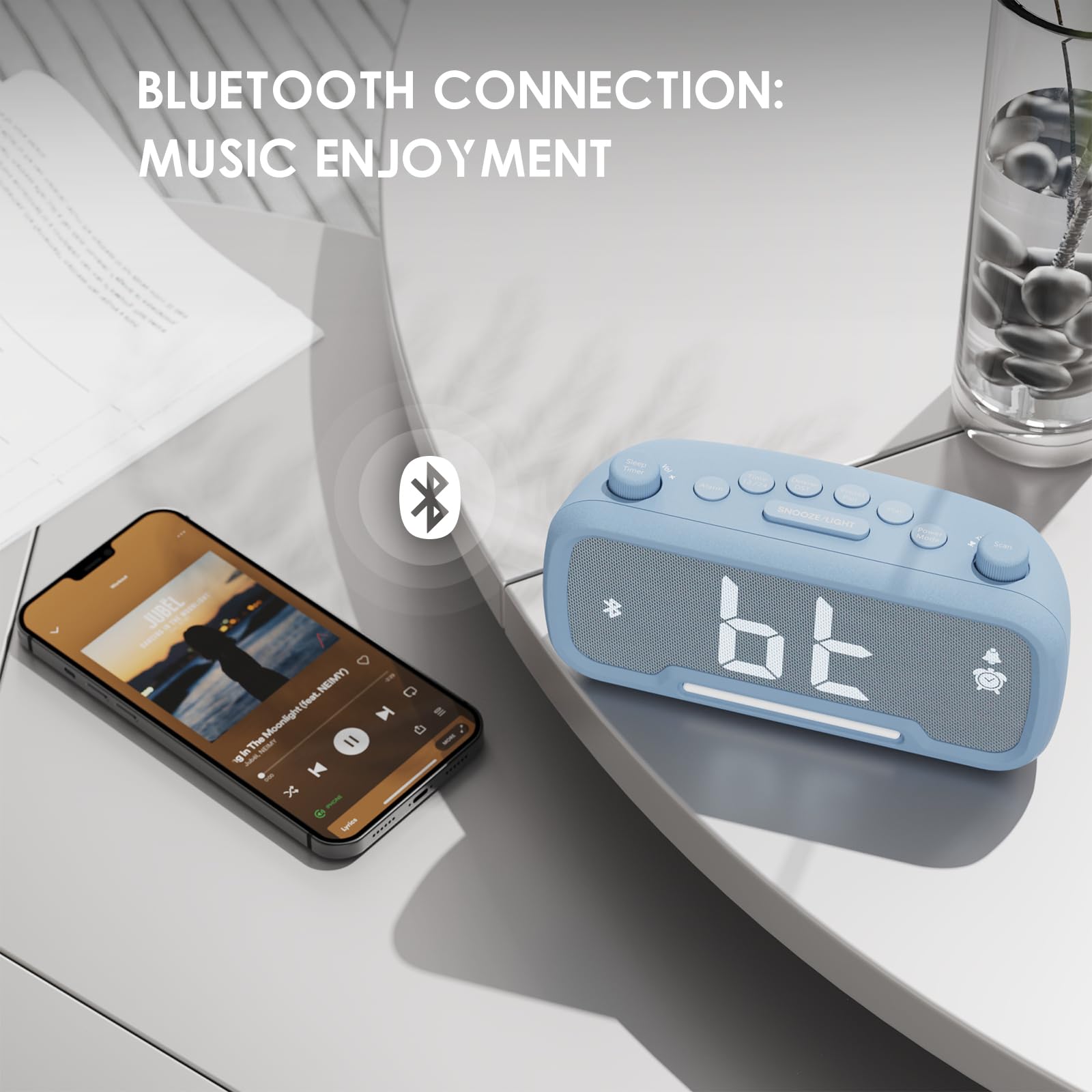 Wekker aan het bed, wekkerradio met Bluetooth-luidsprekers, digitale wekker voor slaapkamer, draagbare spiegelwekker met dubbel alarm, snooze, led-display, 3 niveaus instelbaar dimbaar, USB-oplaadbaar