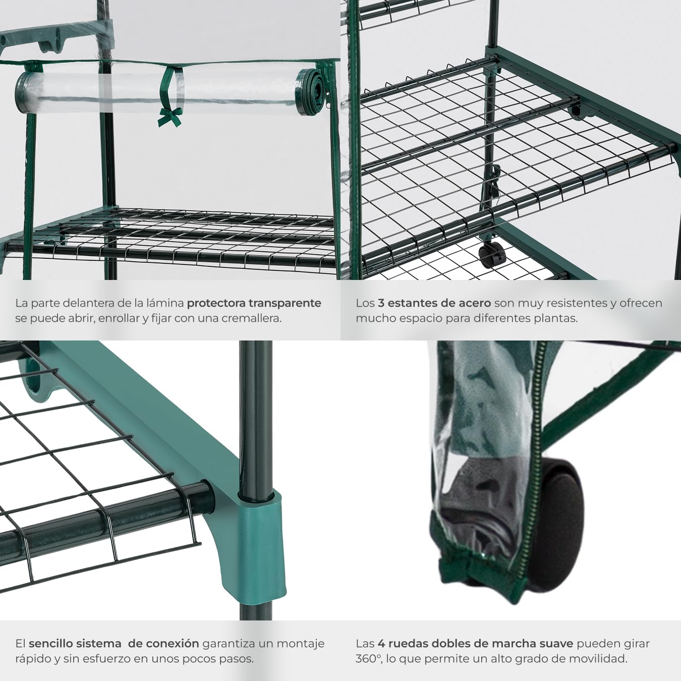 tectake® Invernadero Exterior en Acero con 3 Baldas de Rejilla y Protección UVA, Invernadero Terraza 69x49x133cm, Caseta Jardin Exterior con Ruedas y Cierre de Cremallera, Ideal para Huerto y Jardín
