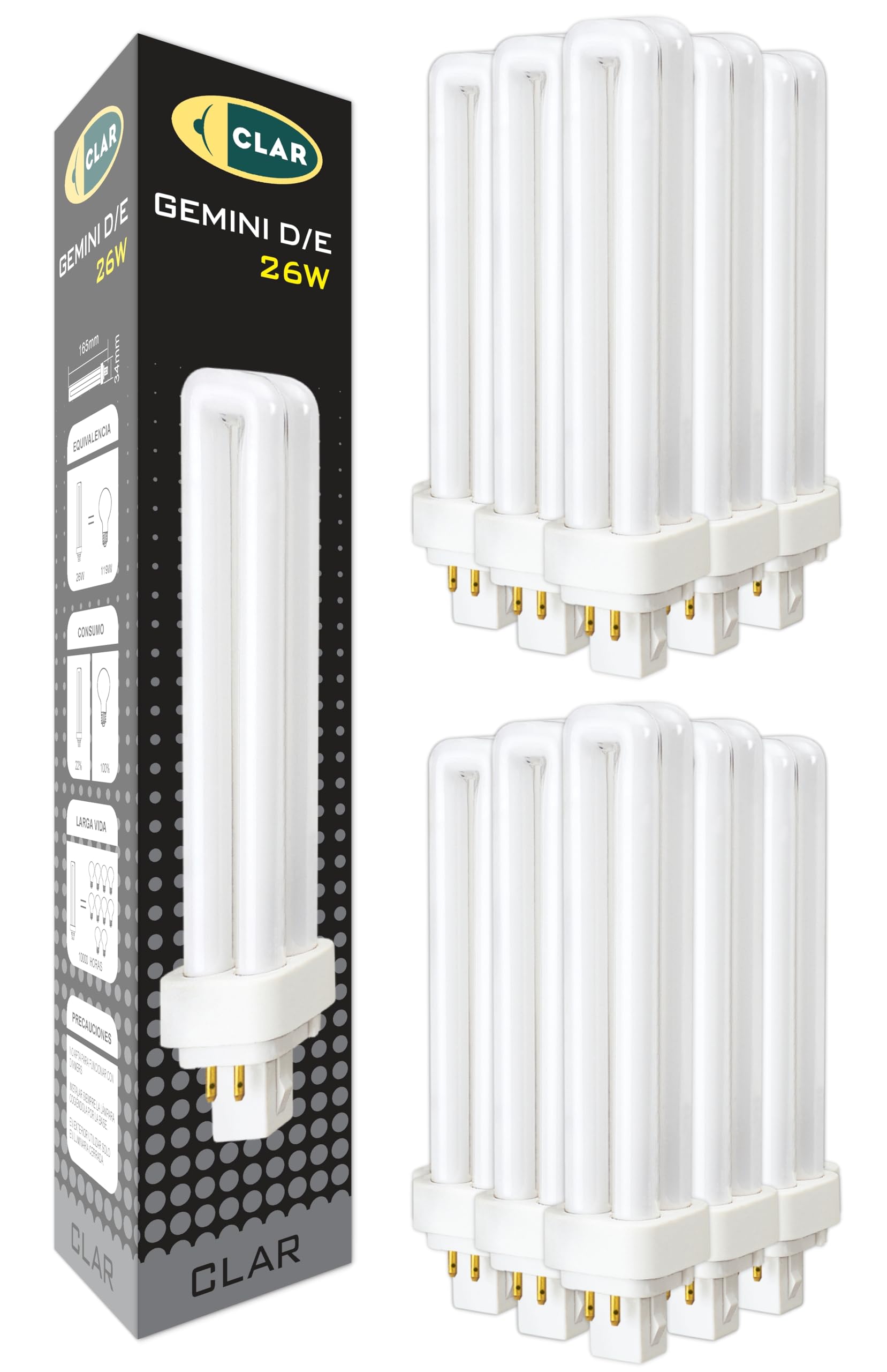 CLAR - Bombilla Fluorescente Gemini D/E 26W 6500K G24q-3 Luz Blanca Fría CFL Profesional 4 Pines Tubo Compacto Reemplazo Técnico Alto Flujo Iluminación Oficina Taller Cocina Industrial Precisa