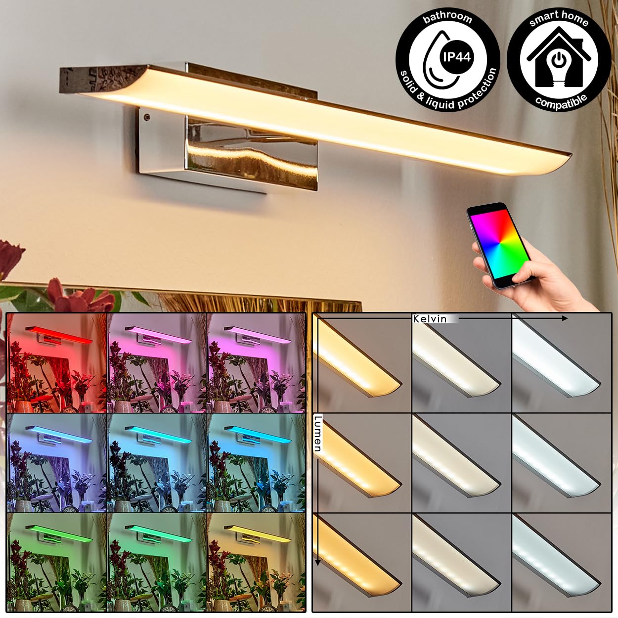 HOFSTEIN LED Spiegelleuchte Banek, Wandlampe aus Metall/Kunststoff in Chrom/Weiß, Spiegellampe mit RGBmFarbwechsel, Smart-Home/App, CCT einstellbar, Wandleuchte auch für Badezimmer geeignet, IP44