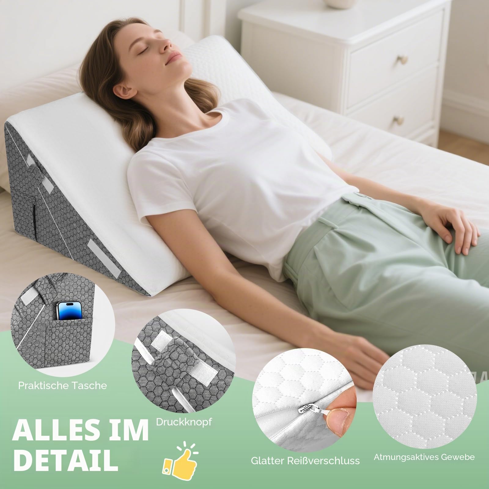 Keilkissen Bett - Keilkissen zum Schlafen Verstellbares Ke-ilkissen, Hochdichteschaum Lesekissen für Bett und Sofa, Ergonomisches Kopfkissen Bettkeil, Beinkissen-Rückenkissen beim Spielen, Lesen