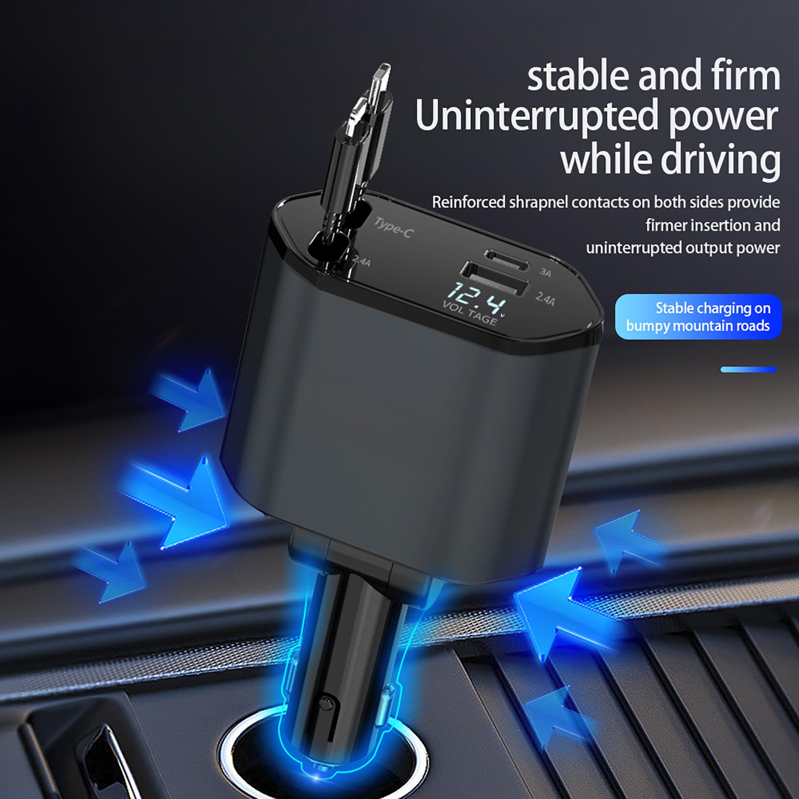 Wysuwana ładowarka samochodowa z 2 wbudowanymi kablami (USB-C/Lightning) i portami USB-C i USB, akcesoria samochodowe dla kobiet i mężczyzn - PD/QC3.0 szybkie ładowanie do iPhone'a 16/15, Samsung