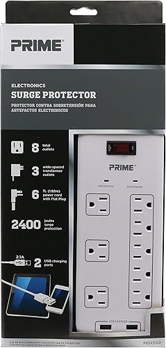 Miniatura 3 de Prime Wire & Cable Prime Wire PB523120 - Protector de sobretensiones para electrónica de 8 tomas con cable SJT 14-3 de 6 pies, color blanco