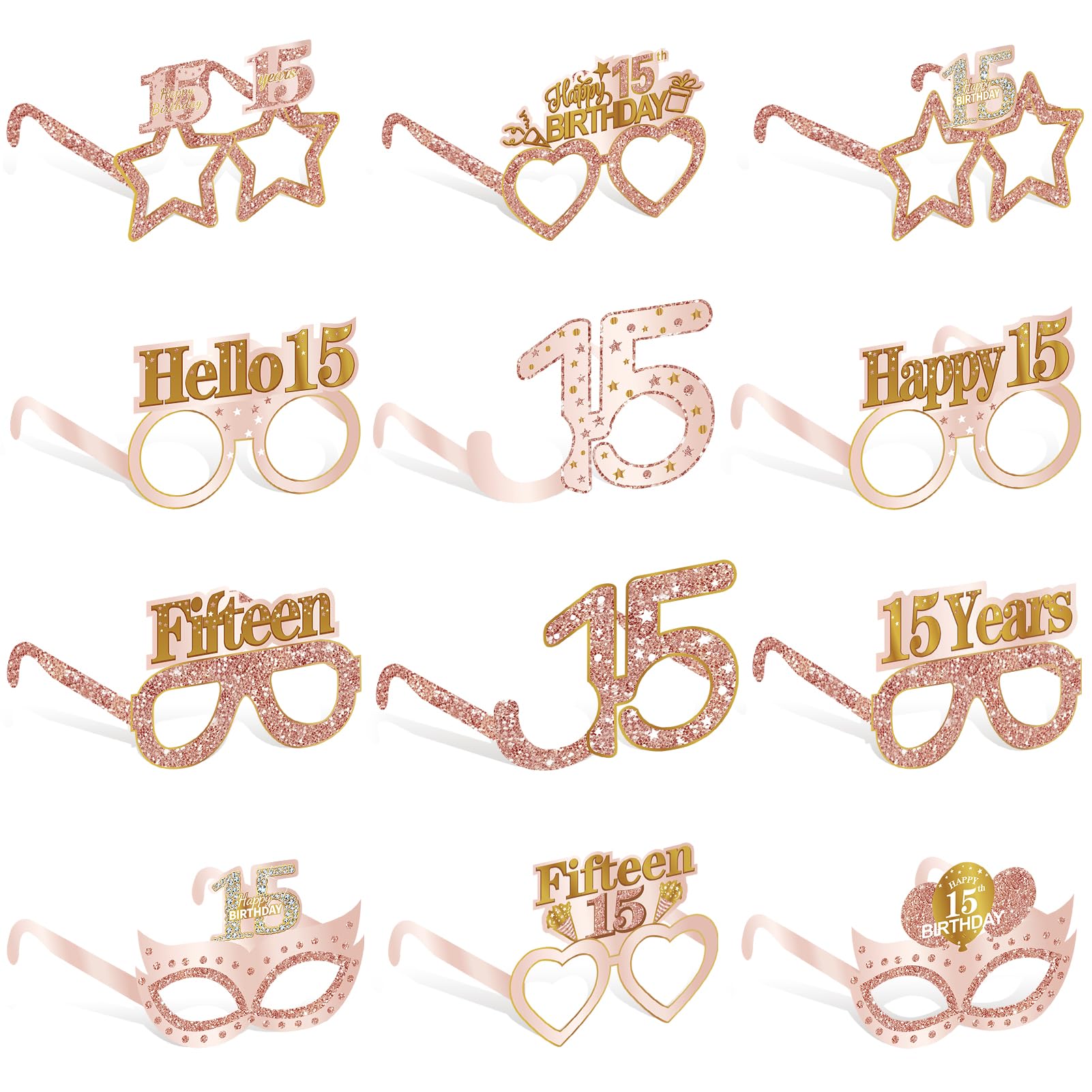24PCS 15th Birthday Paper Eyeglasses Decorations for Girls Women, Pink Rose Gold Sweet 15 Birthday Quinceanera Decoration Eyeglasses Party Supplies,