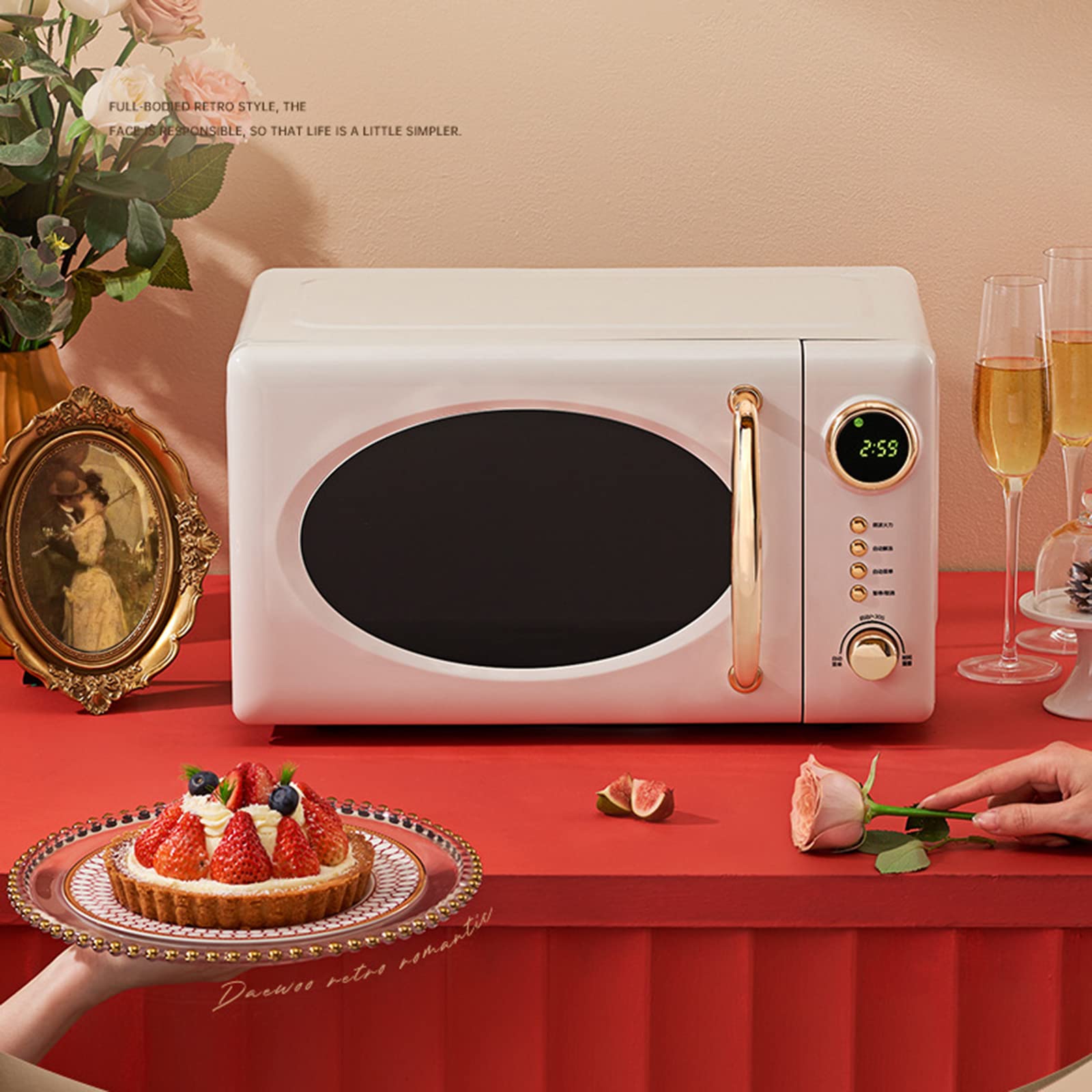 Kuchenka Mikrofalowa, Nostalgia Classic Retro Kuchenka Mikrofalowa 700 W Nablatowa Z Wyświetlaczem LED, 5 Poziomów Mocy, 12 Ustawień Gotowania,White