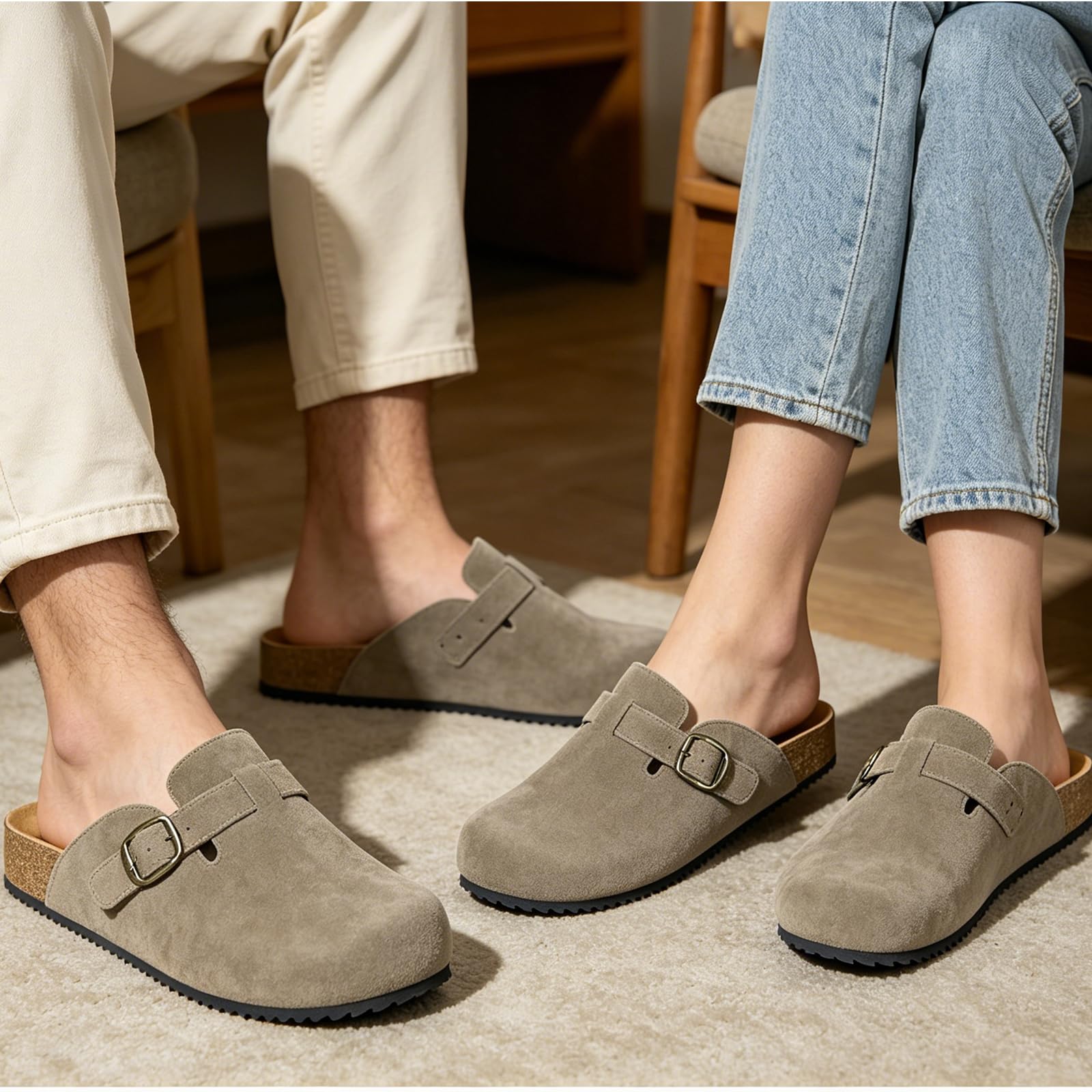 Intini Zuecos y Mules para Hombre Mujer Pantuflas de Piel con Corcho Cerradas Zapatillas de Jardín Sandalias con Hebilla Ajustables Cómoda 36-46
