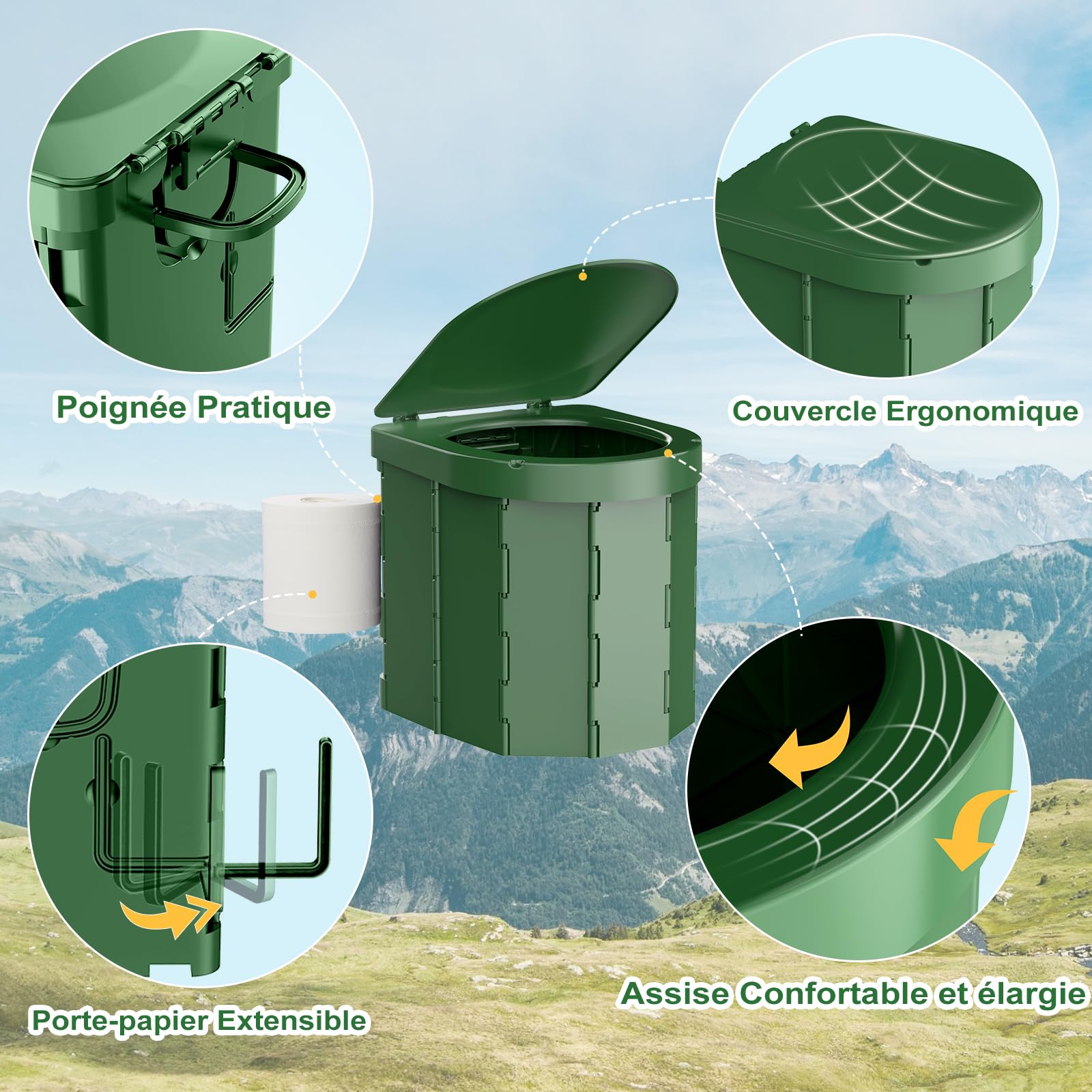WADEO Toilettes de Camping Portables, Toilettes Pliantes pour Adultes, Toilettes de Camping Mobile avec Couvercle et Porte-Papier Toilette, pour Camping, Voyages, Embouteillages (Vert Foncé)