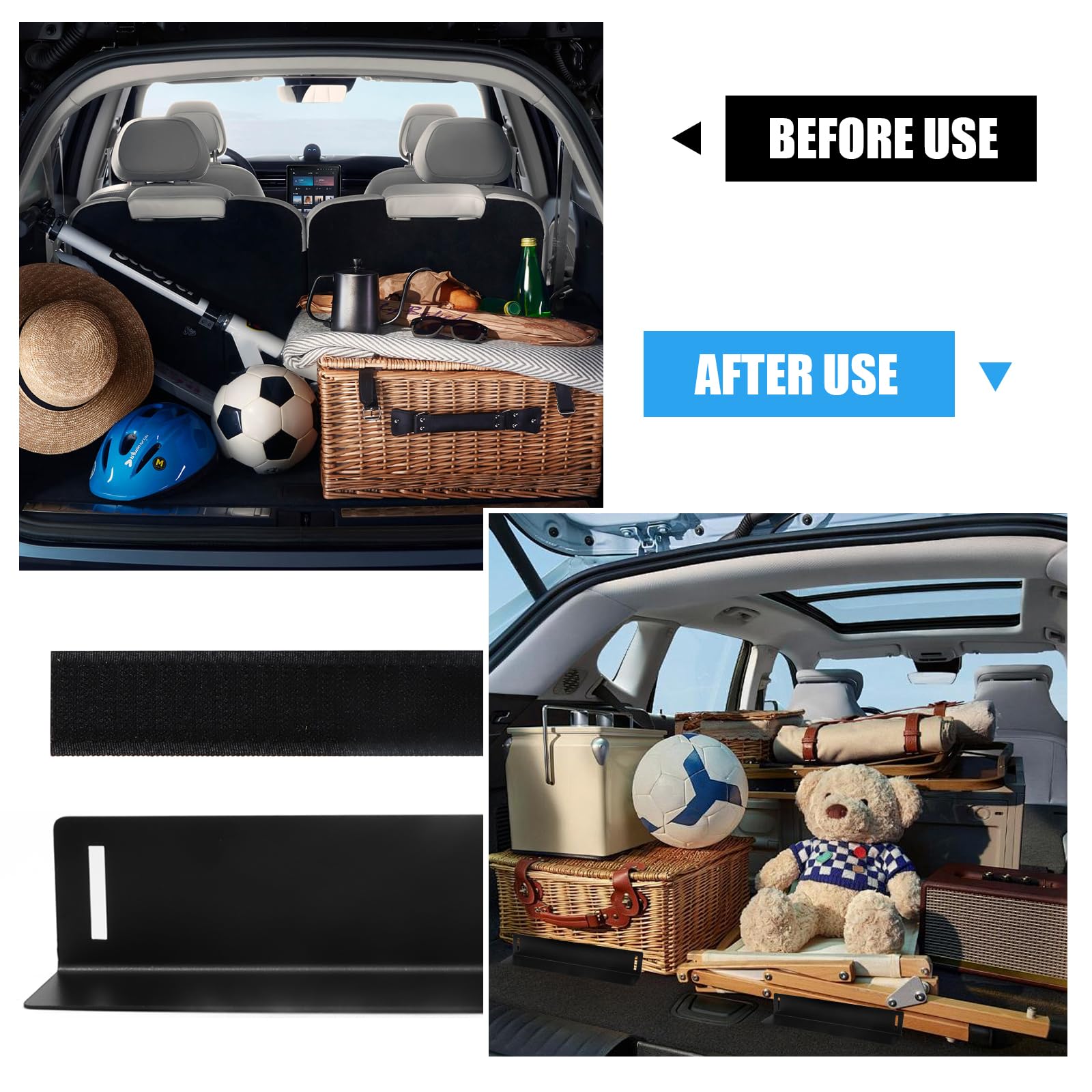Organizer do bagażnika, na rzep, mocowanie na rzep, uchwyt do bagażnika, do samochodów SUV-ów, kombi, 30 cm długości, antypoślizgowy, dzielnik, 3 sztuki akcesoriów samochodowych