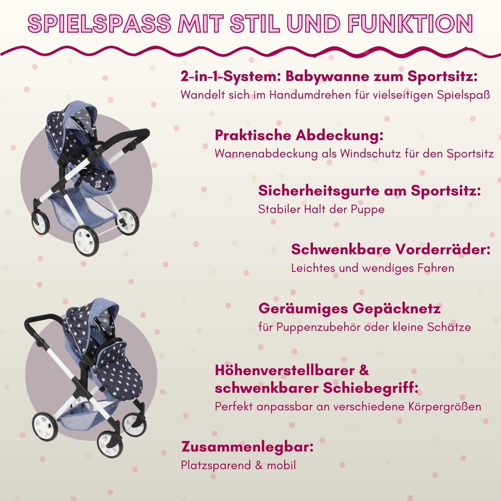 Bayer Chic 2000 2 w 1 wózek dla lalek Mila – gwiazdka granatowa – uchwyt z regulacją wysokości 39-72 cm – nowoczesny stelaż – lalki do 50 cm – 3-7 J.