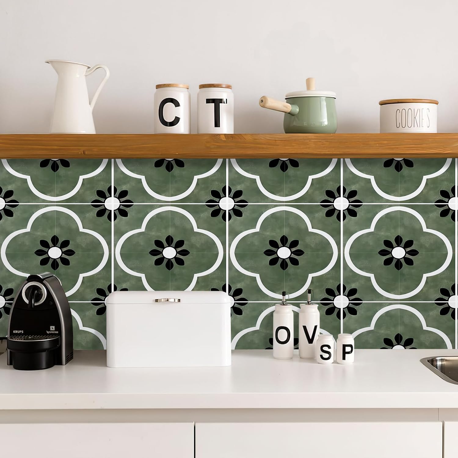 10 azulejos de vinilo de 12 x 12 pulgadas, diseño geométrico de flores de damasco verde, negro y blanco, para despegar y pegar, calcomanías de suelo extraíbles e impermeables para baño, entrada
