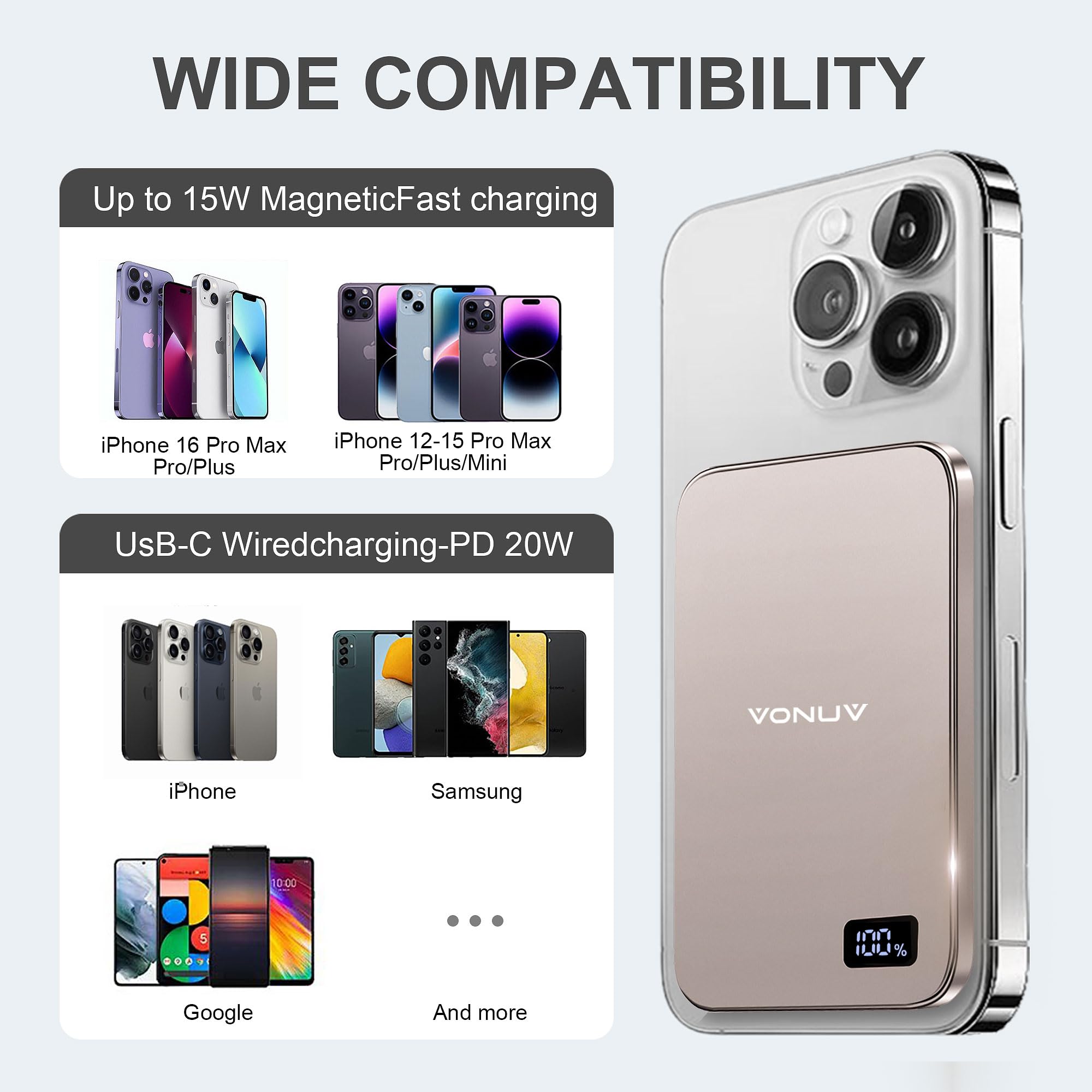 Cargador portátil magnético de 5000 mAh, cargador portátil inalámbrico ultra delgado de 15 W, carga rápida para iPhone 16/15/14/13/12 Pro/Pro Max/Plus, carcasa de metal, cable USB-C para cargar