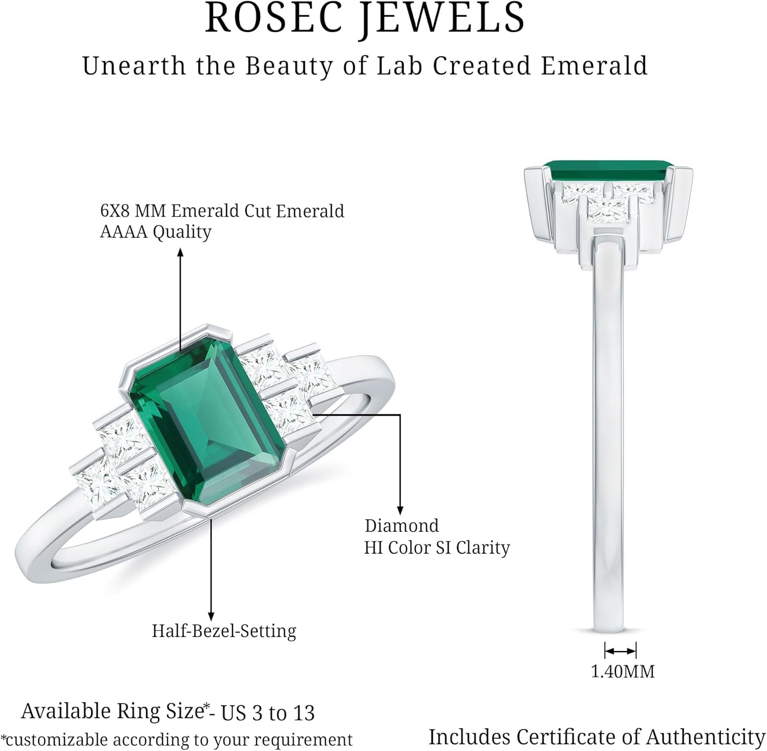 Certified 1.68 Carat Lab Grown Emerald Engagement Ring, AAAA Quality, Emerald Diamond Ring - Fine Jewelry For Women