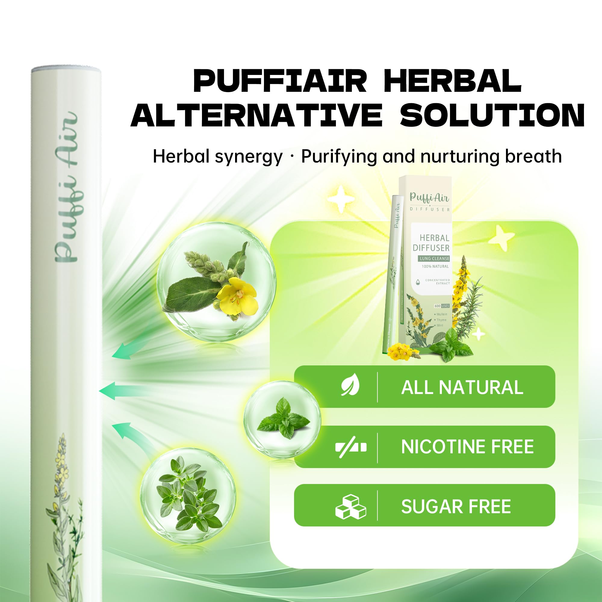 PuffiAir - Bolígrafo difusor de hierbas mejorado con extractos de gordolobo, tomillo y menta para limpieza pulmonar, mejora de la respiración, refrescamiento del aire oral y
