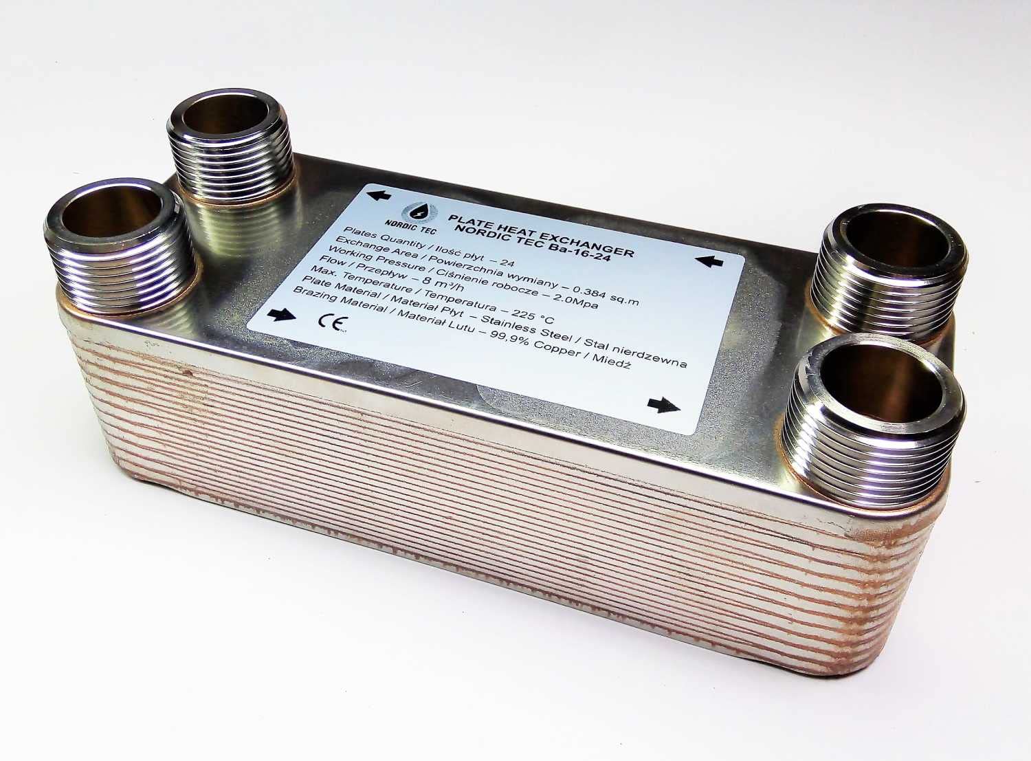 Intercambiador de calor de placas de acero inoxidable Nordic Tec Ba-16-24, 24 placas, 100 kW, 1"