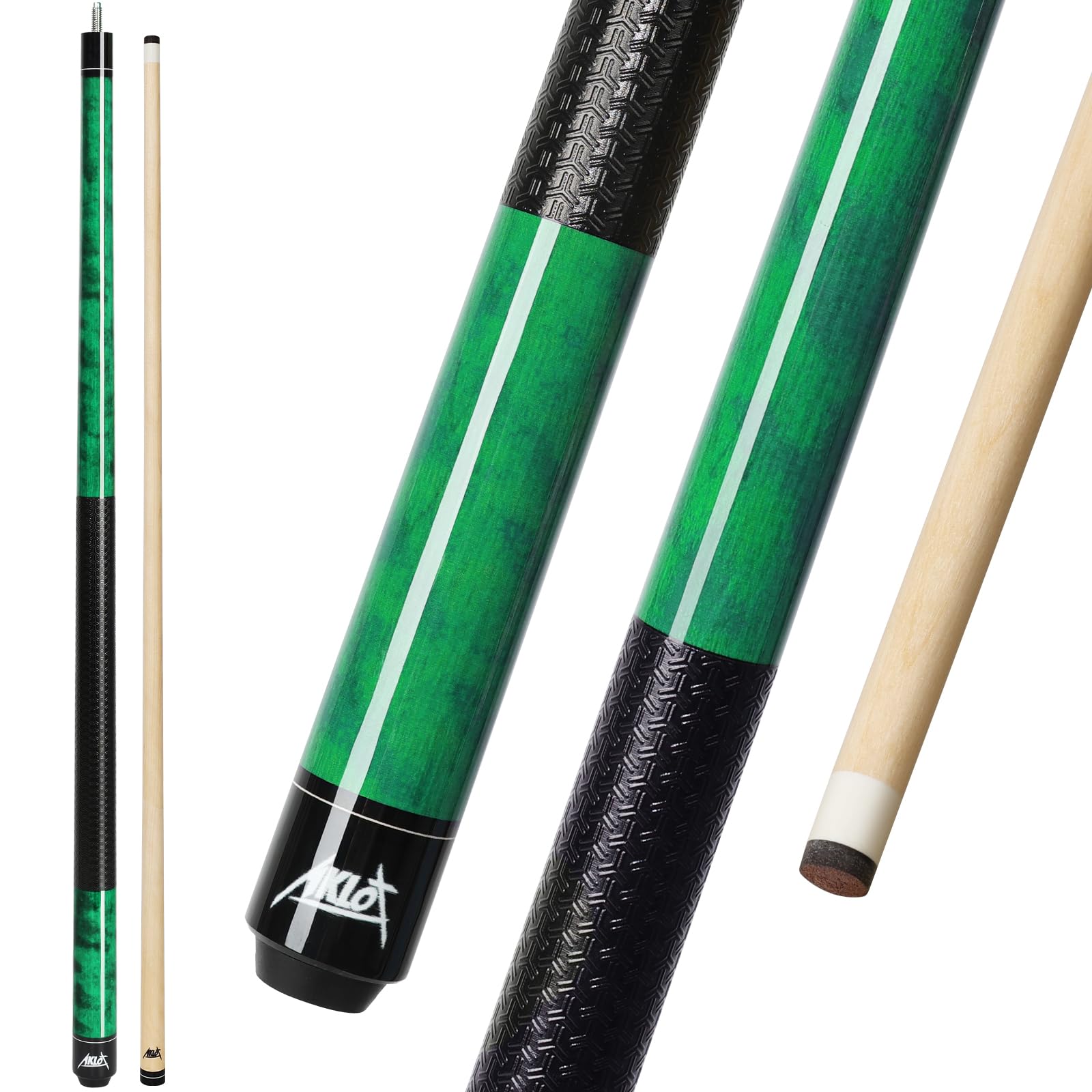 Aklot Pool Cue Sticks 58'', 18oz, Premium Canadian Maple 1/2 Billiard Cue with 13mm Leather Tip, 3D Anti-Slip Grip, Seamless Joint, Table Billiard Pool Stick for Adults/Beginners/Pro Players, Green