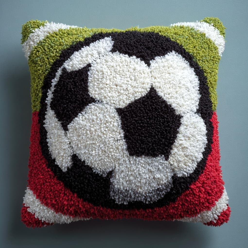 Henypt Easy Beginner Latch Hook Pillow Kit 43x43cm,Football Needlework Cushion Set Pre-Printed Canvas and Tool Included,Simple Sofa Decor Project