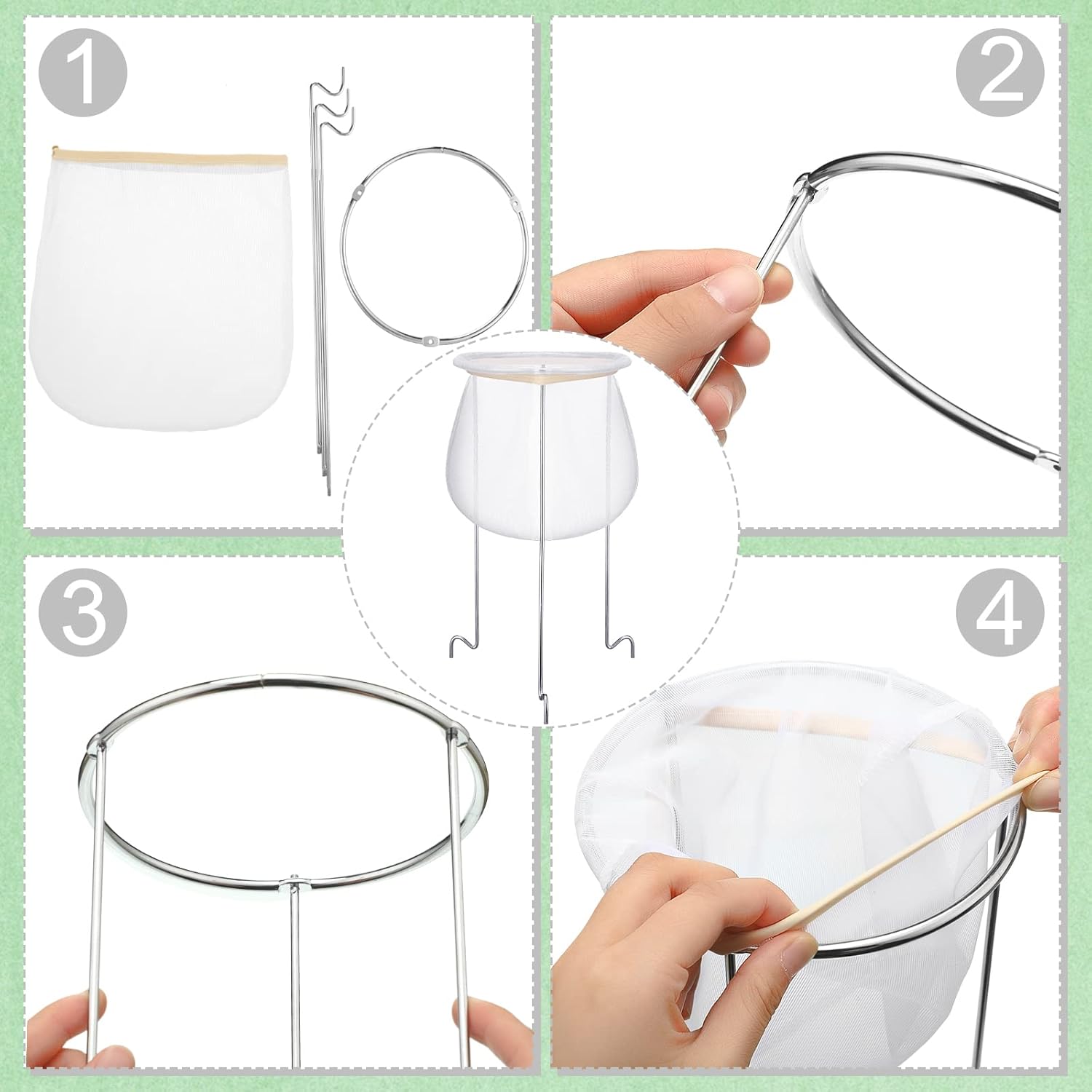 2 Pack White and Silver Jelly Strainer Stand with Bag Reusable Jelly Filter Bags for Straining Stainless Steel Sieve Stand for Different Size Pans and Bowls