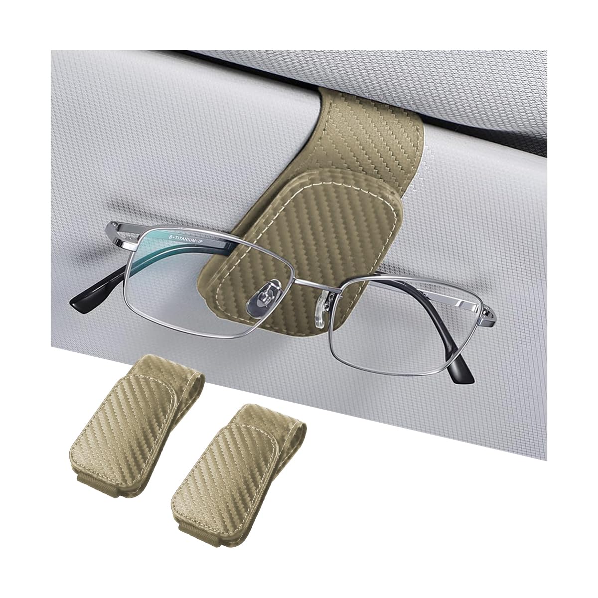 AICEL 2PCS Sunglasses Holders for Car Sun Visor, Carbon Fiber, Beige