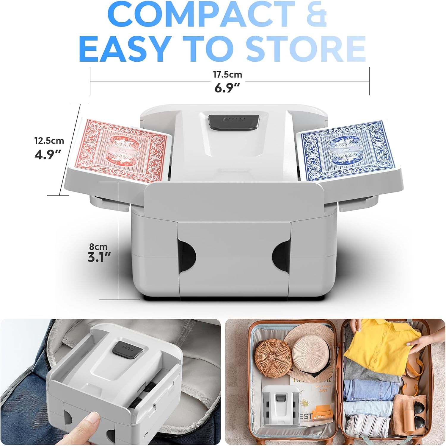 Kartenmischmaschine, Automatischer Kartenmischer für 1–2 Decks, Wiederaufladbarer Kartenmischer mit geräuscharmem Betrieb, USB-C-Akku für Texas Hold’em, Poker, UNO, Blackjack, Skip-Bo, Phase (A)