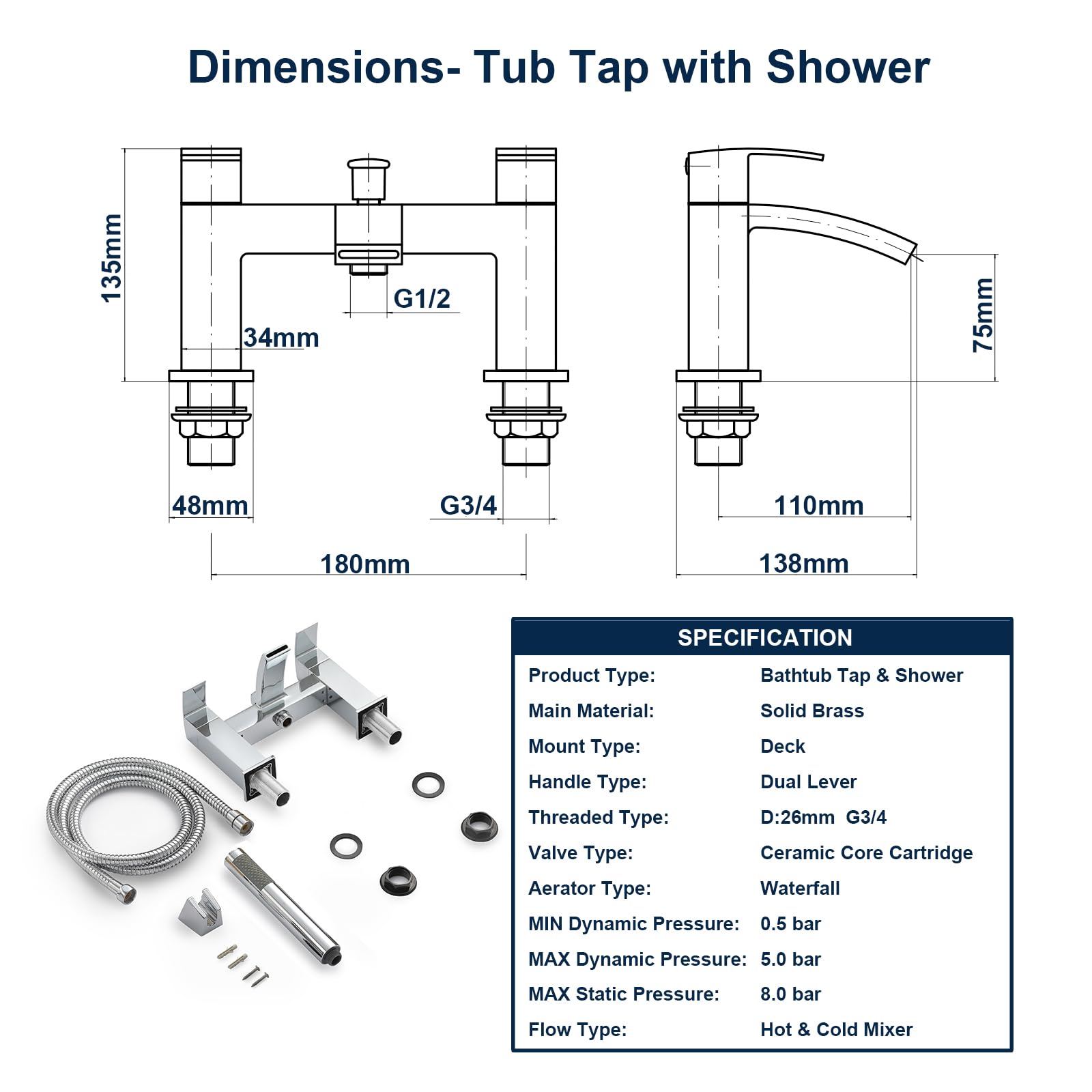BATHWEST Waterfall Basin Taps With Drainer Square Chrome Brass Cloakroom Bathroom Sink Taps For Basin With Waste~0767700870134 08c Mp - View #2