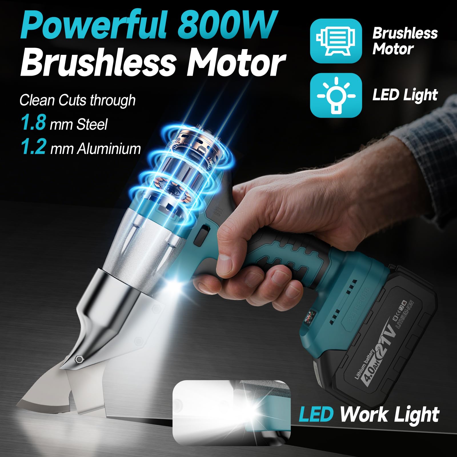 Macché? Forbici Elettriche 18V per Metallo Senza Fili con Batterie Makita Compatibili 4000mAh, Testa Girevole 360°