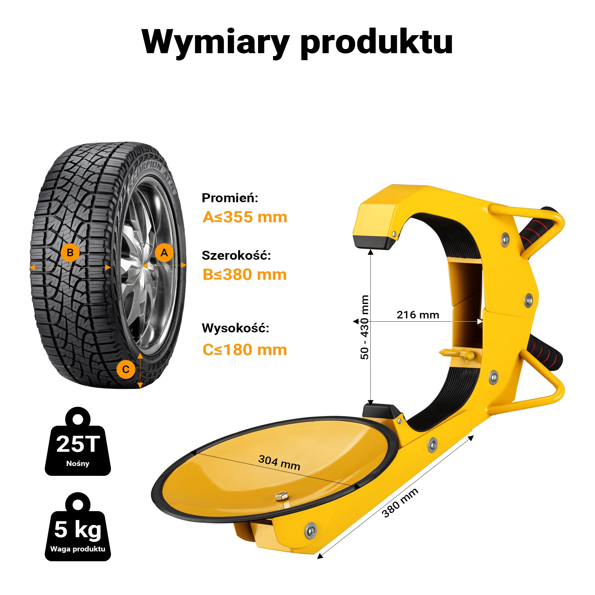 Pazur do kół Wiltec 300 x 145 x 630 mm, do felg 10-18", stalowy pazur do opon zabezpieczający przed kradzieżą, immobiliser z kluczykiem